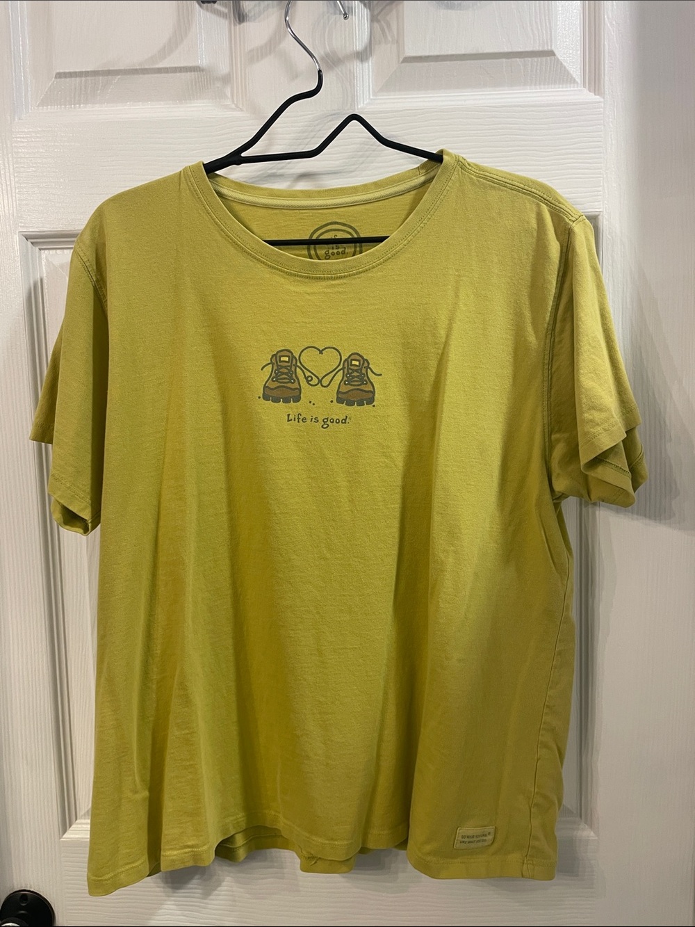 Life Is Good Short Sleeve Tee in Chartreuse with Hiking Shoe Heart Graphic